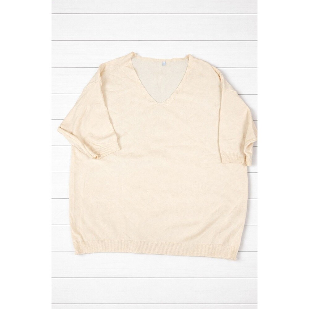 Ivory Fine Knit Short  Sleeve V-Neck Sweater M